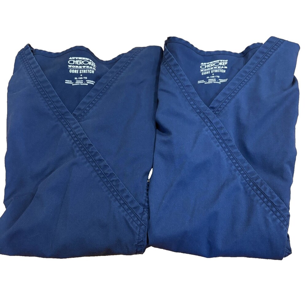Scrub Tops Women's  XL Uniform Shirt Cherokee Core Stretch Blue V-Neck Lot of 2